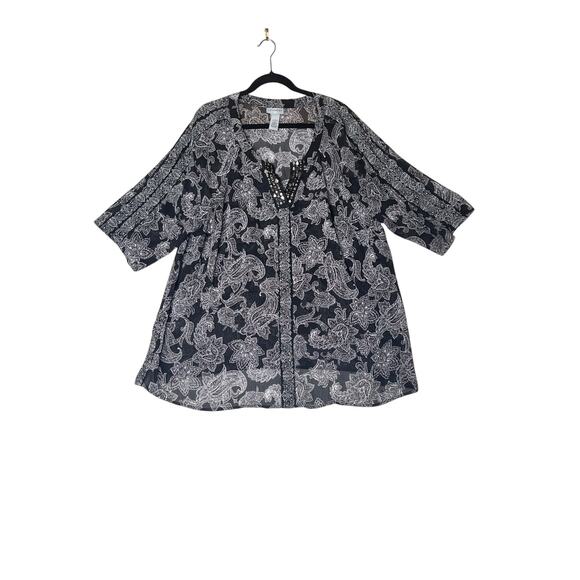 Catherines size 2X black/white paisley button-up shirt sheer Offie evenings - Picture 1 of 9